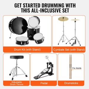 Set Batteria Completo per Adulti da 22 Pollici con Pelli in Betulla, Bass Drum, Tom, Rullante, Piatto, Supporti Regolabili e Piatti - Product Image 6