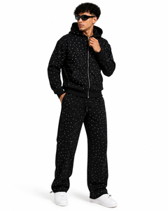 Custom Rhinestone Tracksuit Set Zip Up Hoodie Wide Leg Sweatpants Streetwear Style Sparkle Embellished Casual Matching Apparel - Product Image 1