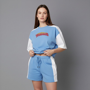 Nouvel ensemble décontracté d'été pour femme, 100 % coton, 2 couleurs, 2 pièces, respirant, avec logo personnalisé imprimé en sérigraphie, coupe ample - Product Image 1