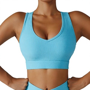 V-Neck Ribbed Sports Bra Medium Support Purple Yoga <b>Top</b> For Women - Product Image 2