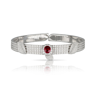 Luxury Women Ruby Choker <b>Necklace</b> Set With Butterfly Earrings And <b>Rings</b> 925 Silver Rhodium Plated Round Brilliant Cut Diamonds - Product Image 1