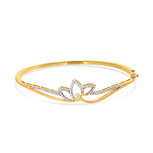 Elegant Women's Yellow Gold <b>Bangle</b> <b>Bracelet</b> with Classic Floral Leaf-Inspired Design Lab Grown Diamond Pave Detailing - Product Image 2