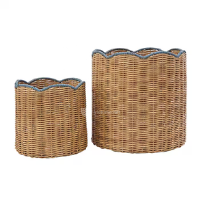 Cesta de Mimbre y Ratán, Contenedor Redondo Tejido con Borde Festoneado Azul, Cesto para Ropa Sucia y Juguetes para Decoración del Hogar - Product Image 2