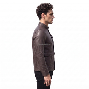 Chaqueta de Motociclista de Cuero Genuino para Hombre, Cuello Alto, Cierre de Botones, Color Sólido, Corte Regular, para Otoño - Product Image 2