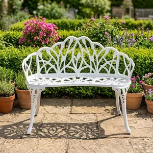Banc de jardin élégant en aluminium blanc avec dossier décoratif en forme de feuille et accoudoirs incurvés pour l'extérieur - Product Image 5