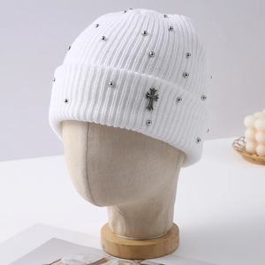 Luxury Shiny Rhinestone Cross Decoration Beanie Winter Daily Cuffed Ribbed Knit <b>Hat</b> - Product Image 3