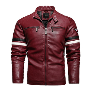 Blouson de moto en cuir PU rouge pour homme, style motard, col montant, fermeture éclair, coupe ajustée, pour l'automne - Product Image 1