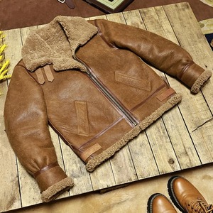 Veste d'aviateur en cuir véritable pour homme, doublée en sherpa, fermeture éclair, style motard, épaisse et chaude, style fourrure. - Product Image 3