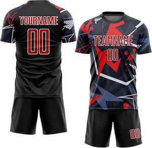 Conjunto de Camiseta de Fútbol Sublimada Personalizada para Hombre, Diseño Geométrico Negro y Rojo, Absorbe la Humedad, Manga Corta, Ajuste Atlético, Nombre del Equipo 00 - Product Image 1