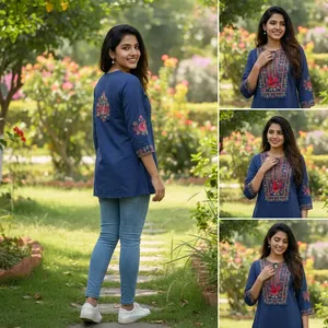 Women <b>Navy</b> Blue Embroidered Tunic <b>Top</b> Three Quarter Sleeve Loose Fit Ethnic Casual Blouse Floral Print Everyday Indian Fashion - Product Image 2