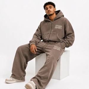 VOCKSIN Vintage Casual Solid Taupe Cropped Zip Hoodie Tracksuit Men's Regular Wide Leg <b>Sweat</b> <b>Set</b> Washed Cotton - Product Image 2