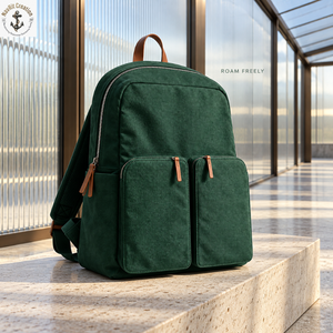 Forest Green Canvas Student Backpack Twin Pockets | College School <b>Bag</b> with Zipper Closure and Brown Trim for Daily Carry Use - Product Image 4