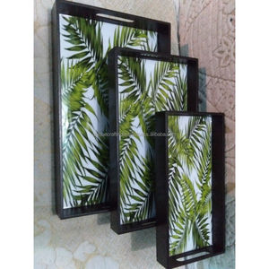 Ensemble de plateaux de service en bois de manguier faits à la main, vert sauge, or, motif floral émaillé, plateaux décoratifs en bois pour le petit-déjeuner avec poignées - Product Image 5