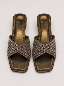 Sandales compensées métalliques à strass et perles pour femme, mules à enfiler à bout carré, idéales pour les soirées estivales - Product Image 1