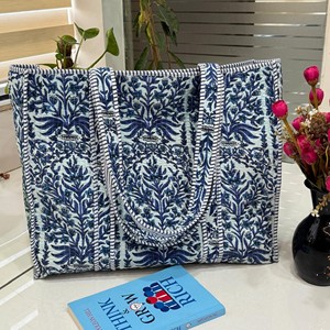 Large Quilted Weekend Tote <b>Bag</b> - Cotton Block Printed <b>Overnight</b> <b>Bag</b> Grocery Shopping Travel Handmade <b>Bags</b> For Women - Product Image 1