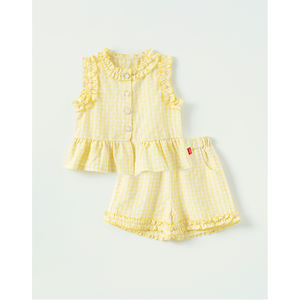 Conjunto de Ropa para Niñas Estilo Coreano OZKIZ, 100% Algodón, Conjunto con Volantes para Verano, para 2-6 Años, Color Amarillo, Moda Infantil al por Mayor - Product Image 1