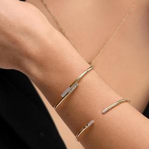 Minimalist <b>Gold</b> Plated Diamond <b>Bangle</b> Bracelet Women's Everyday Wear Round Brilliant Cut Channel Setting Jewelry - Product Image 2
