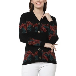 Women's V-Neck Solid Computer Knit Full Sleeve <b>Covered</b> <b>Button</b> Front Casual Winter 100% Acrylic Anti-Pilling Breathable - Product Image 1
