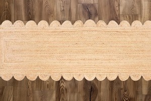 Farmhouse Jute Hallway <b>Runner</b> Rug Flat Weave Scallop Edge Non Slip Rubber Backing Beige Solid Color Thin Pile - Product Image 5
