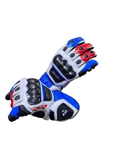 Gants de moto en cuir pleine main bleus, blancs et rouges pour homme, avec fermeture éclair, pour la course estivale - Product Image 1