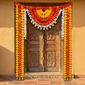 Traditional Indian Flower Toran Garland with Bells for Wedding Door Decor Outdoor Entryway Hanging Home Decor - Product Image 1