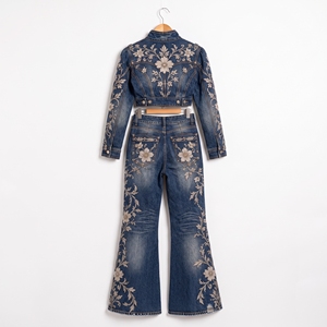 <b>Womens</b> Floral Embroidered <b>Dark</b> <b>Blue</b> Denim Two Piece Set Distressed Cropped Jacket Wide Leg Flare <b>Jeans</b> Luxury Streetwear - Product Image 4