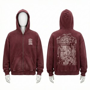 Custom Burgundy Hoodie Men Heavyweight Cotton Fleece Hoodies Vintage Wash Graphic Bat Print Streetwear Oversized Pullover Hoody - Product Image 2