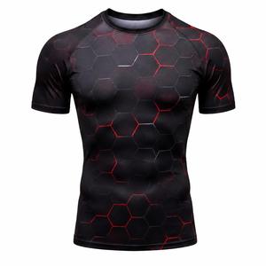 T-shirt de sport respirant à manches courtes pour homme, imprimé hexagone noir et rouge, séchage rapide, en polyester, pour fitness adulte - Product Image 1