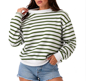 Women's Green <b>White</b> Striped Crew Neck Sweatshirt Long Sleeve Casual Knitted <b>Top</b> Spring Wear - Product Image 1