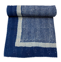 Couvre-lit en coton Kantha à motifs géométriques bleu indigo, cousu à la main, décoration traditionnelle indienne pour la maison, toutes saisons