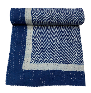 Indigo Blue Geometric Pattern Cotton Kantha <b>Quilt</b> Hand Stitched Traditional Indian Home Decor <b>Bedspread</b> All-Season - Product Image 4