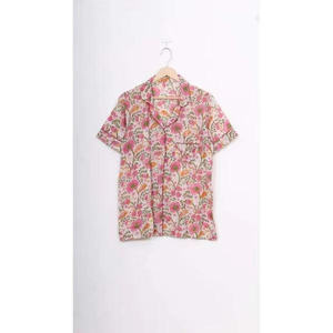 Ensemble pyjama 2 pièces décontracté pour femme, en satin de coton pur respirant, imprimé floral à la main, taille élastique, col rabattu, collection automne 26 - Product Image 1