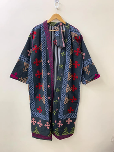 Suzani กิโมโนปักลายดอกไม้สีเทา, เสื้อคลุมทำด้วยมือสไตล์โบฮีเมียนเสื้อแจ็กเก็ตกำมะหยี่ชุดคลุมสำหรับฤดูหนาวระบายอากาศได้ - Product Image 4