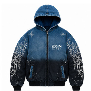 เสื้อแจ็คเก็ตยีนส์มีฮู้ดสำหรับผู้ชาย Ekin Impex ทรงโอเวอร์ไซส์ สไตล์สตรีทแวร์ ซิปด้านหน้า พิมพ์ลาย กันลม แขนยาว ใส่ได้ในฤดูใบไม้ร่วง - Product Image 1