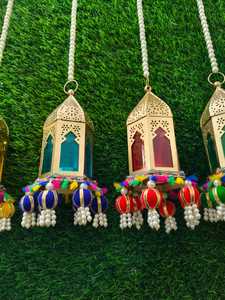 <b>Moroccan</b> Hanging Lantern Metal Candle Holder Pearl Beaded Chain Tassel <b>Decor</b> for Home Wedding Party Indoor Outdoor - Product Image 5