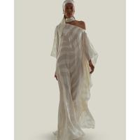 Robe élégante asymétrique drapée en coton écoresponsable, couleur unie, col en V, épaule dénudée, longueur ras du sol, coupe fourreau et ligne A