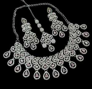 Silver Plated Brass Zircon Bridal <b>Set</b> Choker Necklace Drop Earrings Tikka Ethnic High Quality Wedding Engagement Anniversary - Product Image 2
