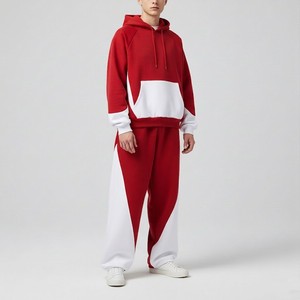 Ensemble survêtement homme décontracté en coton, coupe régulière, avec sweat à capuche color block rouge et blanc et pantalon de survêtement large, respirant, imprimé, pour l'hiver - Product Image 1