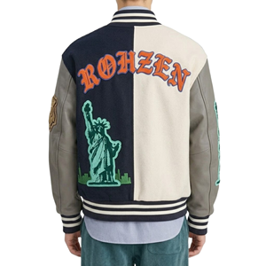 Rohzen <b>Men's</b> Vintage Varsity <b>Jacket</b> Embroidered Patch Design PU Leather Sleeve Turn-down Collar Autumn Casual Wear - Product Image 5