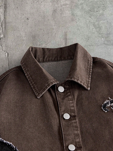 <b>Mens</b> Denim <b>Shirt</b> Color Block Brown <b>Black</b> Two Tone Panelled Frayed Seam <b>Short</b> <b>Sleeve</b> Boxy Streetwear Drop Shoulder - Product Image 2
