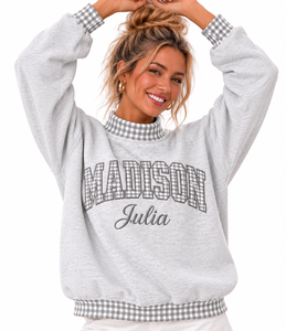 Custom Logo Women’s Mockneck Sweatshirt Oversized Plaid Color Block <b>Letter</b> <b>Applique</b> Vintage Casual Pullover - Product Image 4