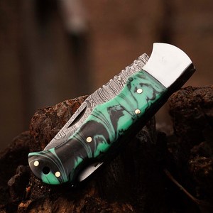 UA Supplies <b>Hand</b> Forged Damascus Steel Clip Point Folder Knife Turquoise Resin Handle Razor Sharp Outdoor Camping Utility EDC - Product Image 5