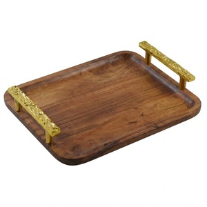 Handmade Oval Wooden Serving <b>Tray</b> with Decorative Silver Leaf Metal Handles Premium Eco-Friendly Wood Platter For Coffee <b>Snacks</b> - Product Image 2