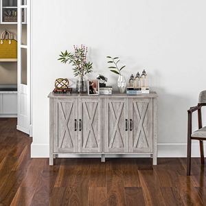 Credenza in Legno Grigio Stile Fattoria da 119 cm con 4 Ante Scorrevoli e 2 Ripiani Regolabili, Mobile Buffet per Bar e Caffè - Product Image 4