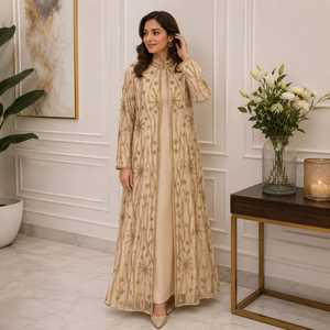 Elegant Embroidered Georgette Long Sleeve Abaya <b>Women</b> | Heavy Sequin Floral Embroidery Open Front Stand <b>Collar</b> Party Wear Maxi - Product Image 6
