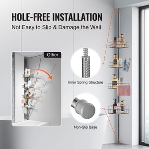 Mensola angolare multifunzionale per doccia da 142-290 cm con asta a tensione resistente, scaffali da bagno anti-ruggine ad alta capacità di carico - Product Image 6