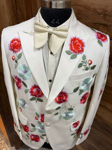 Men’s Ivory Floral Embroidered Wedding Suit – Western Cowboy Groom <b>Blazer</b> <b>Set</b> with Rose Embroidery for Party & Formal Wear - Product Image 3