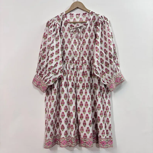 Vestido Midi Casual para Mujer, Tejido 100% Algodón, Estampado Floral Liso, Forro de Algodón, Manga Corta, Cintura Imperio, Estilo Babydoll, Talla Grande - Product Image 1