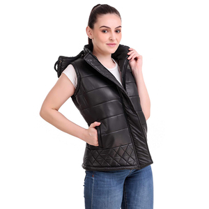 Chaleco Acolchado para Mujer, con Capucha, Cierre Frontal, Resistente al Viento, Ligero, Color Negro Sólido, Estilo Casual - Product Image 4