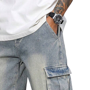 Mens <b>Light</b> Blue Denim Cargo Pants Loose Fit Mid Waist 100% Cotton Breathable Multi Pocket Casual Washed Utility Jeans - Product Image 3